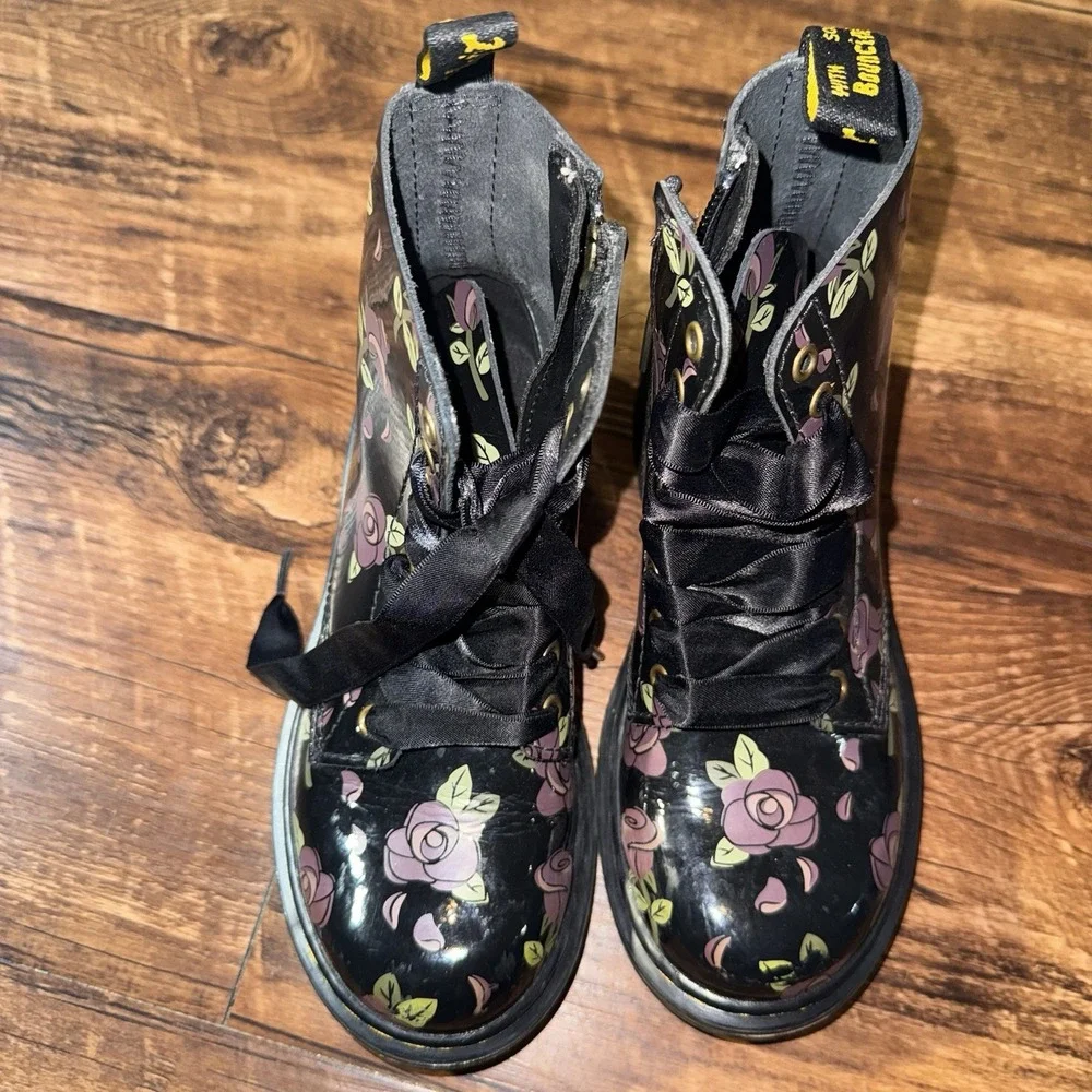Doc Martens Girls Black Floral Lace Up Side Zip Pascal Moto Boots Size 13